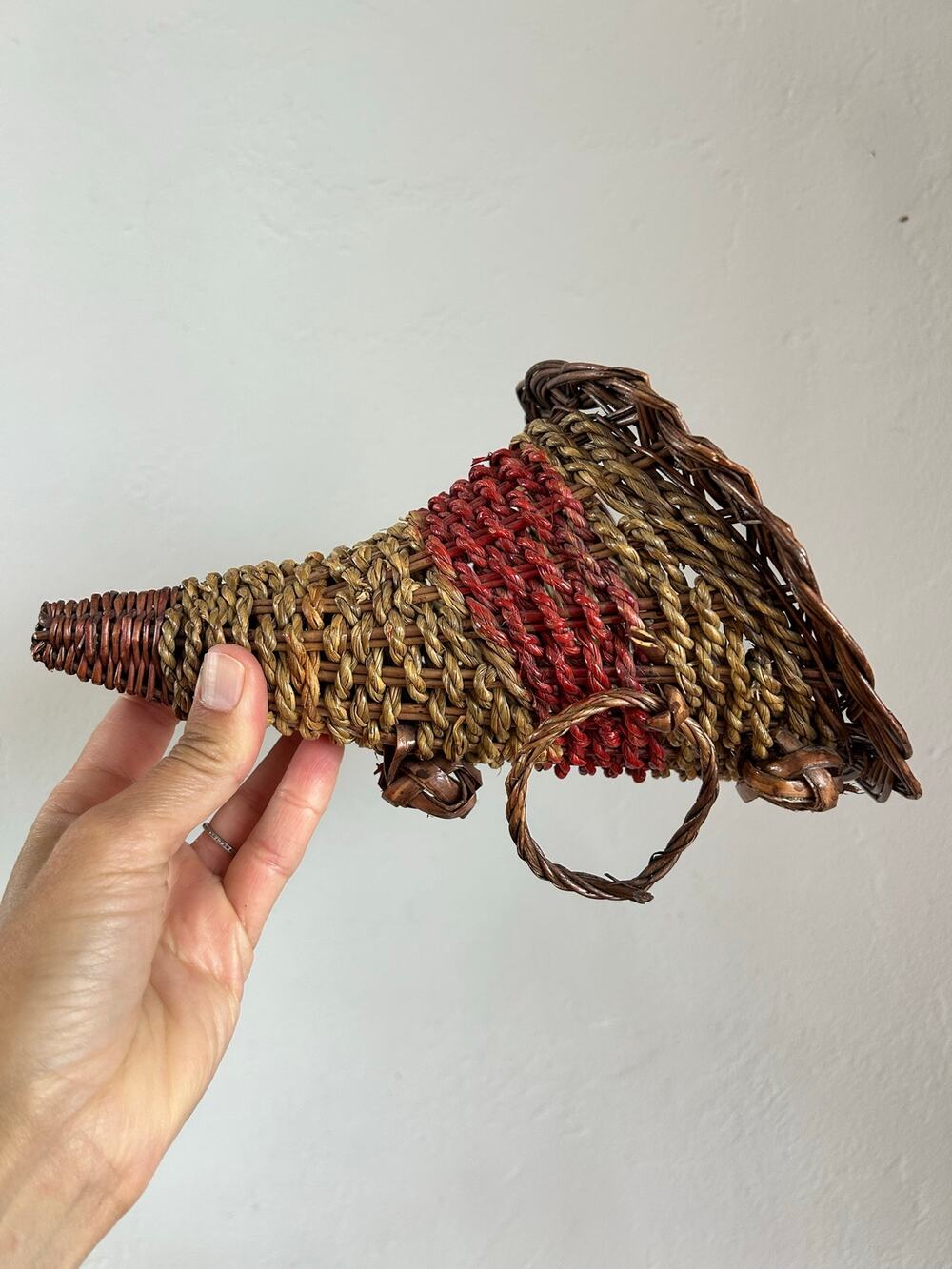 Vintage Woven Wicker Wall Pocket Basket | Cornucopia Cone Style Boho Wall Decor